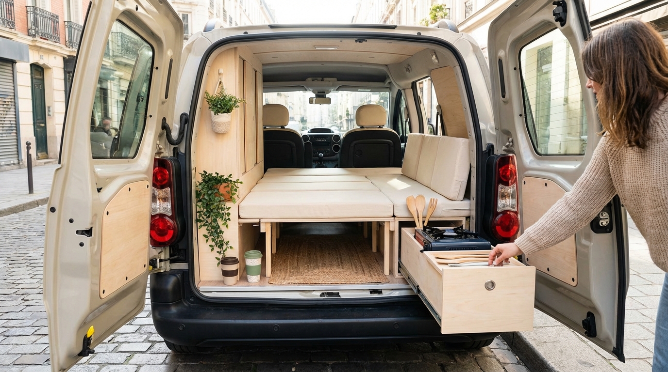 découvrez le citroën berlingo, l'aménagement idéal pour transformer votre véhicule en un mini-camper pratique et fonctionnel, parfait pour vos aventures quotidiennes.